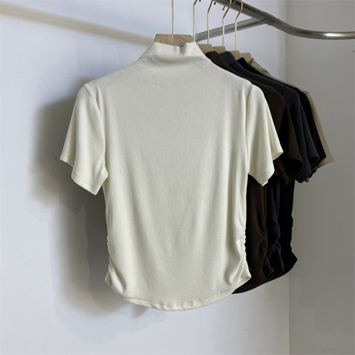 Modal Rayon Pleated Waist Tight Half Turtleneck Short Sleeve on Both Sides T Women's Short T-shirt. 