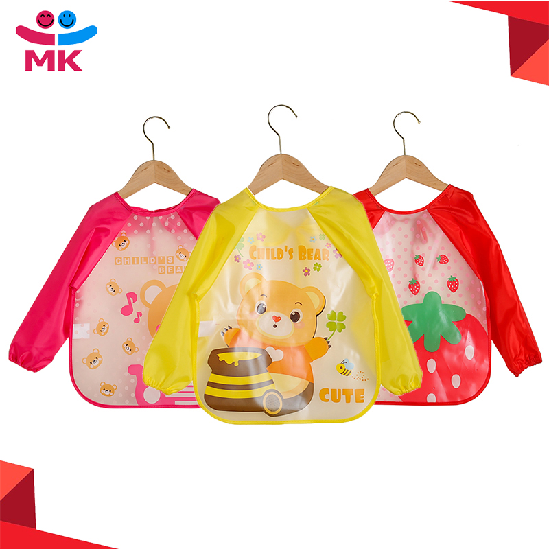 Long Sleeve Waterproof Baby Bibs Cute Cartoon Bear Baby Feeding Bibs Lace Up Design Newborn Toddler Kid Children Eating Aprons