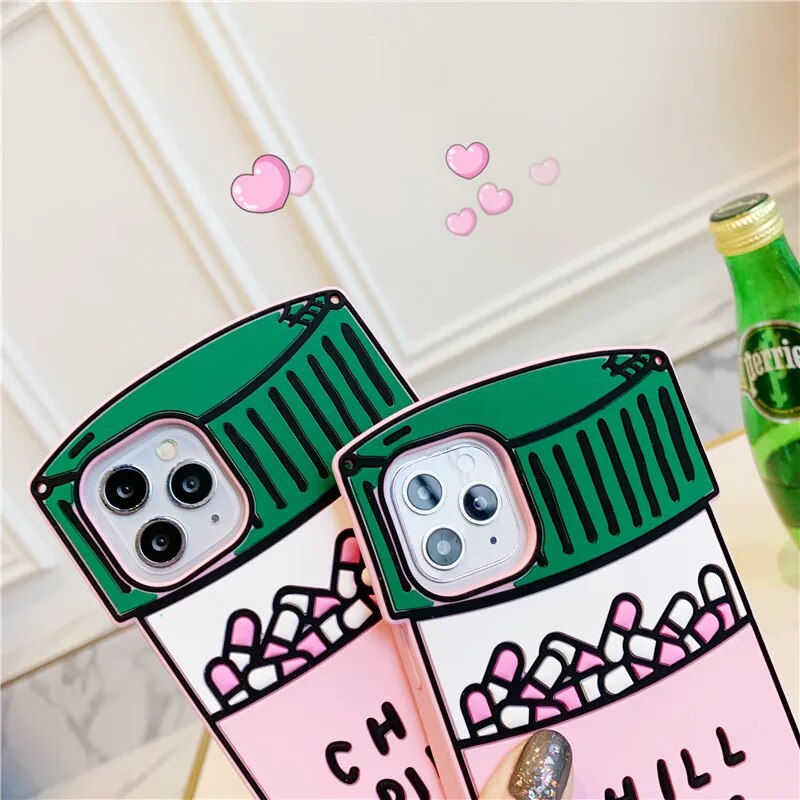 3D Full Silicone Pink Chill Pills TPU Phone Case For iPhone 8 7 6 Plus SE2 X XR XS 11 12 13 mini Pro Max Cases Soft Rubber Cover. 