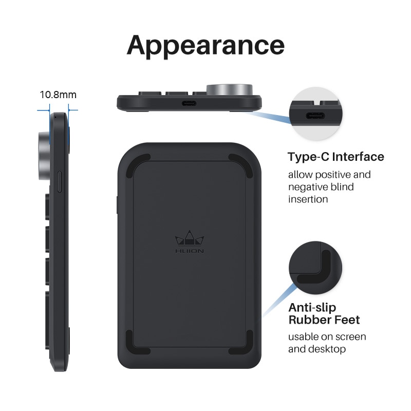 HUION Mini Wireless Keyboard KD100 K20 USB 2.4G Bluetooth 5.0 Connection Keydial for Graphic Tablets MacOS Windows PC Laptop. 