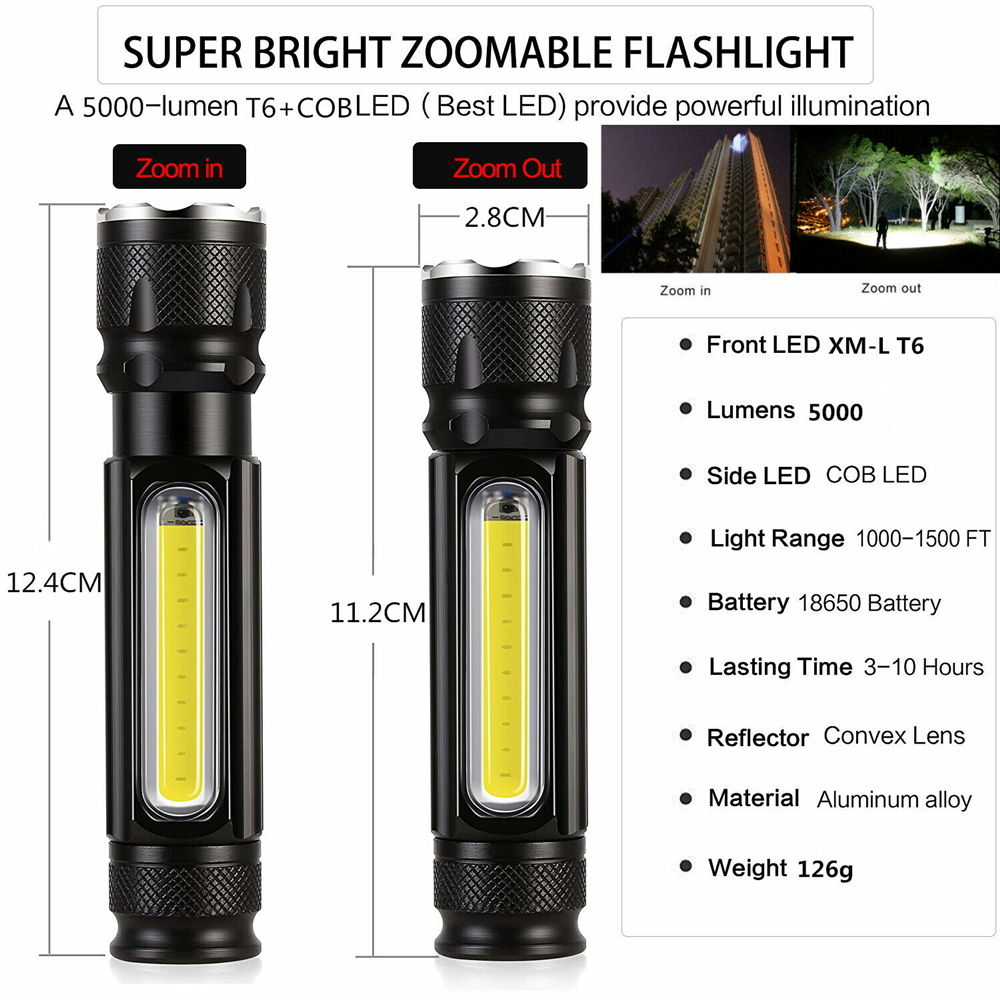 Multifunctional LED Flashlight 5000LM USB battery Powerful T6 torch Side COB Light linterna tail magnet Work Light. 