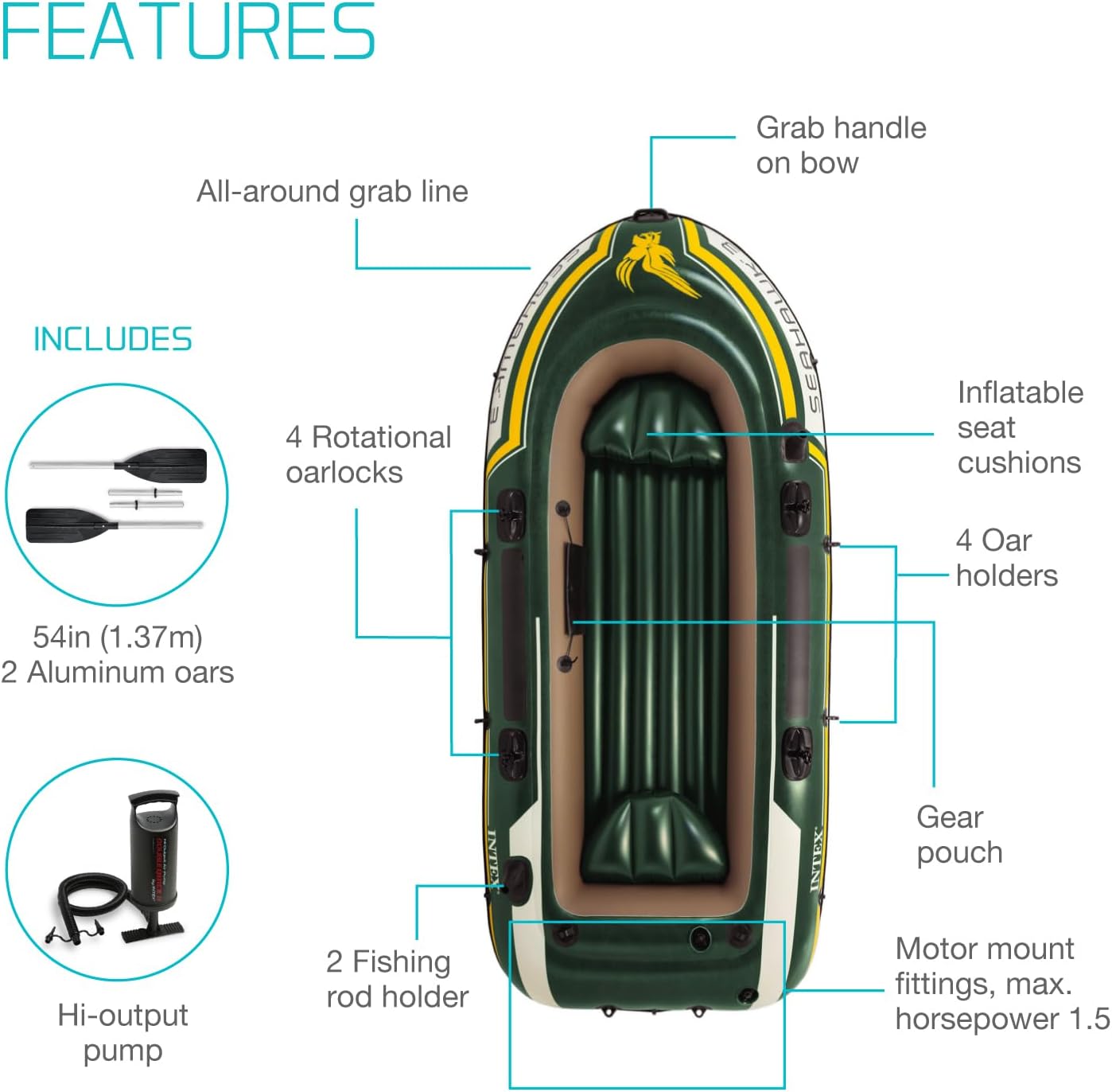 Intex Seahawk 3, 3-Person Inflatable Boat Set with Aluminium Oars and High Output Air Pump (Latest Model). 