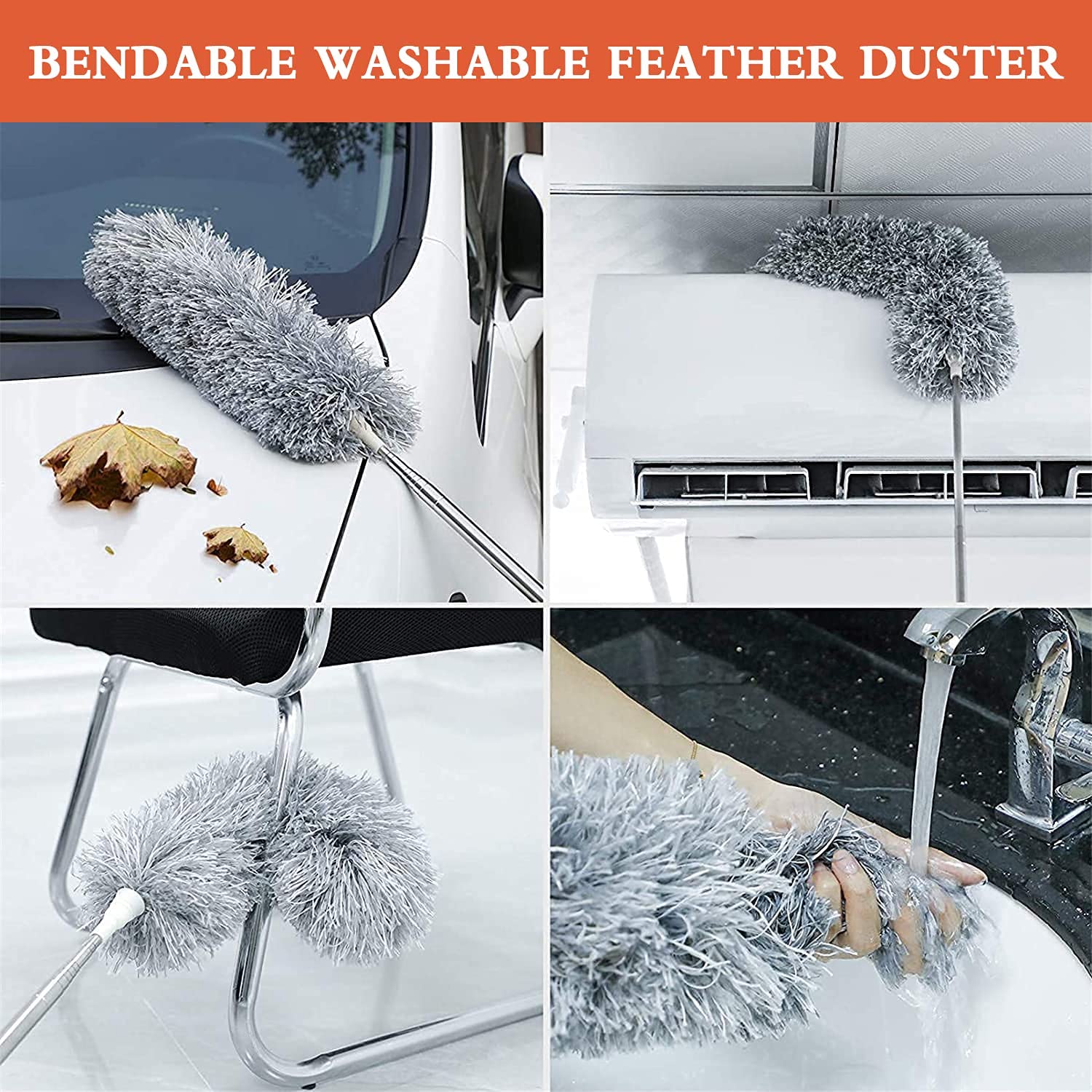 Microfiber Duster with Extension Pole(Stainless Steel), with Bendable Head, Extendable Duster for Cleaning High Ceiling Fan, Interior Roof, Cobweb, Gap Dust- Wet or Dry Use. 