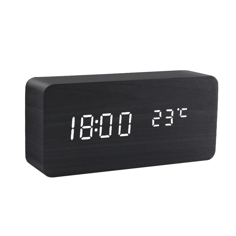 Wooden Digital Clock Multi-function LED Alarm Clock with Time/ Date/ Temperature Display and Voice Control for Home Office Trave. 