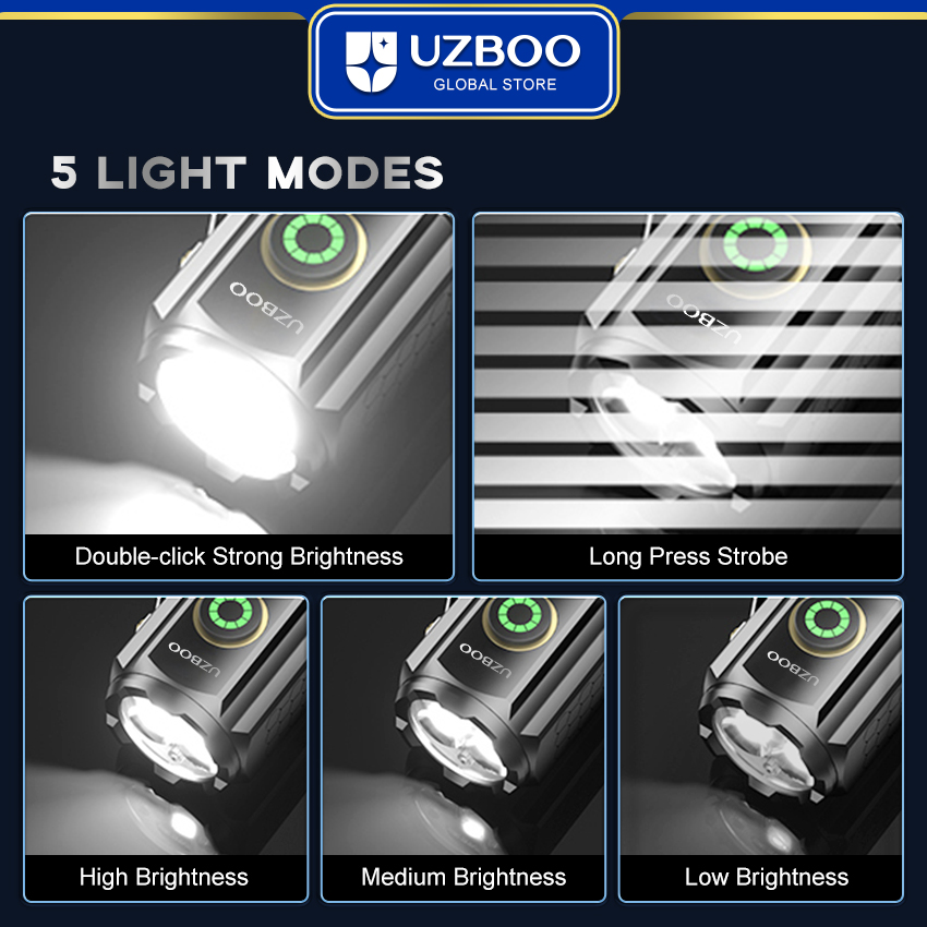 UZBOO 1300LM Mini Flashlight High Bright Flashlight LED Torch Light Outdoor Pocket Size Flashlight Rechargeable Waterproof Torch Light for Hiking Hunting Camping Compact And Portable Strong Magnetism Side Pen Clip Design Five Modes  Non-scalded. 