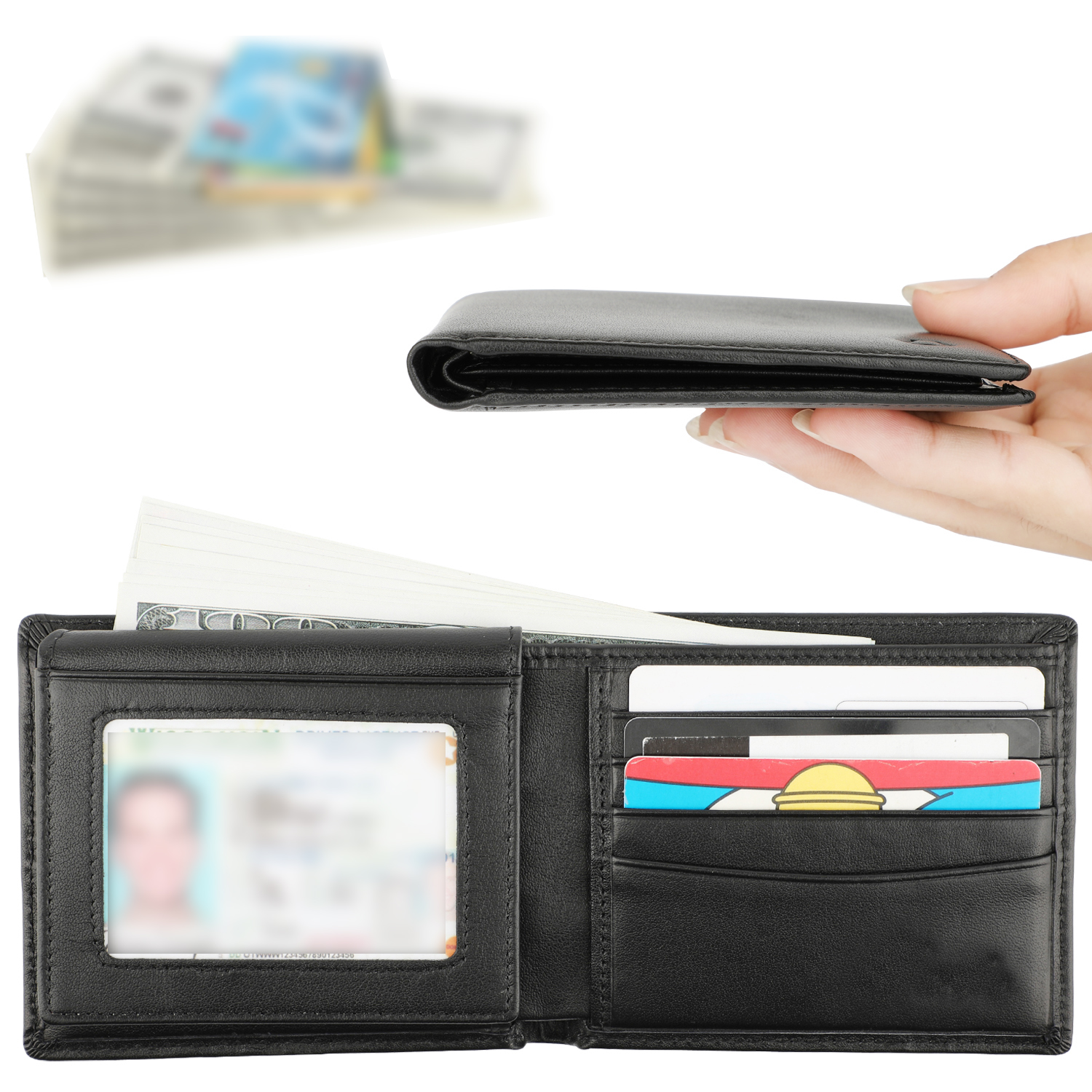 RFID Blocking Cowhide Leather Bifold Wallet For Men With 2 ID Windows Black. 