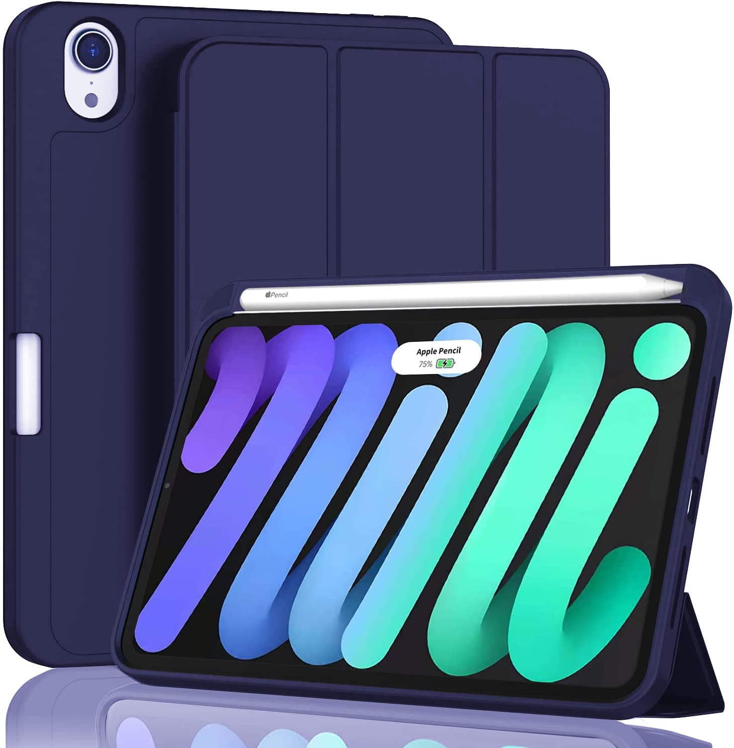 For Apple iPad Mini 7/6 Case 2024/2021 (A17 Pro), for iPad Mini 7th/6th Generation Case 8.3 Inch with Pencil Holder, Slim Trifold Stand Cover with Soft TPU Back, Auto Sleep/Wake, Black/ Navy Blue Model: A2568 (Global)A2995 (Global), A2996 (China)A2993. 