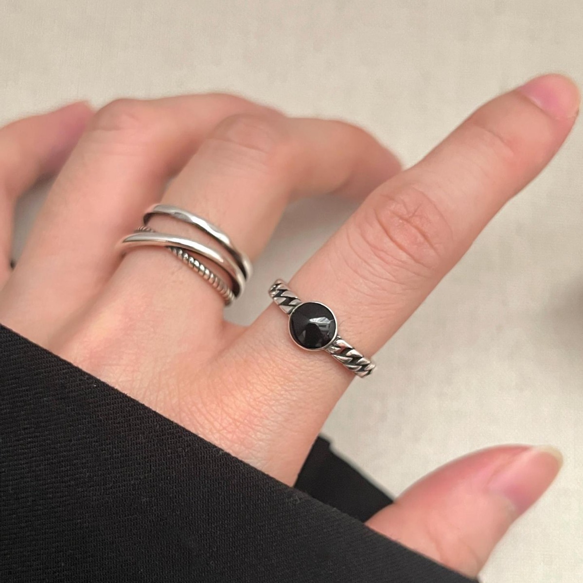 Simple lines cross ring female black drop glaze chain stacked S925 silver open ring ins index finger ring tide. 