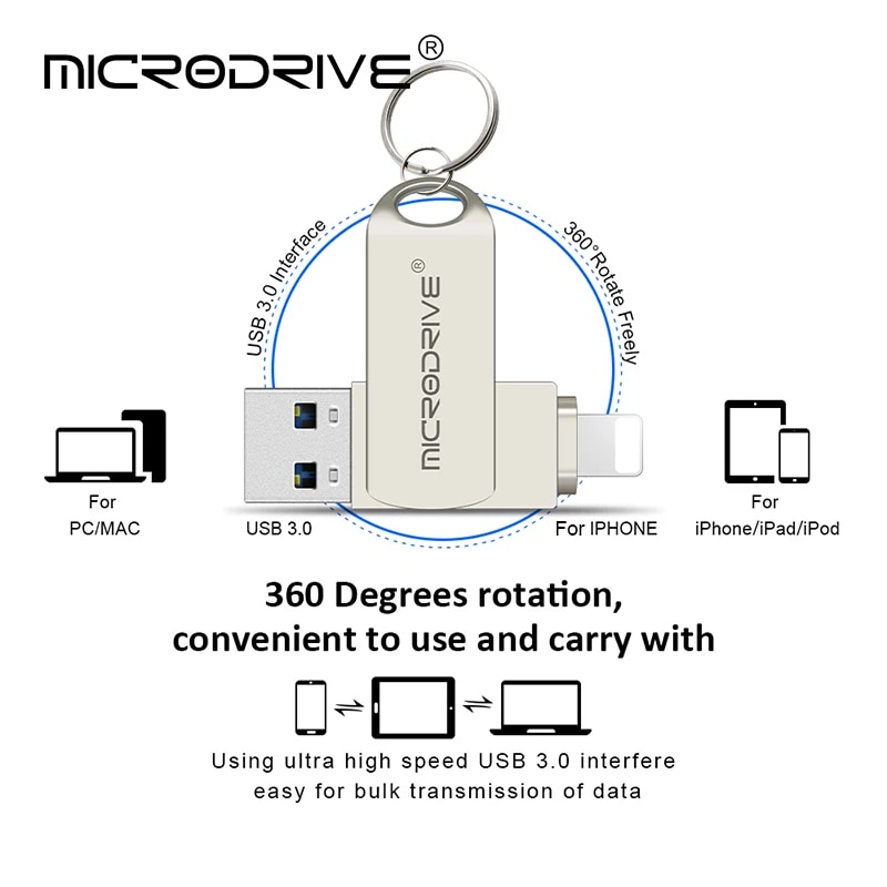 Usb 3.0 Flash Drive for iPhone with 2 in 1 USB-A to lightning interface usb3.0 pendrive for Iphone7/8//11/12/13 /14/ for Ipad. 