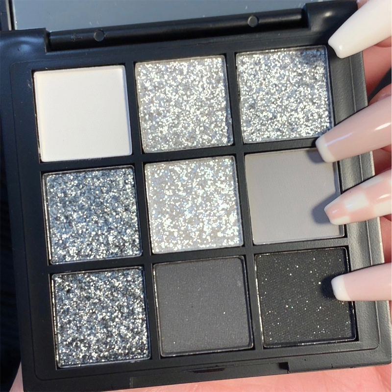 Ggmm Suke 9 Colors Eyeshadow Palette metallic white gray black eyeshadow palette with mirror. 