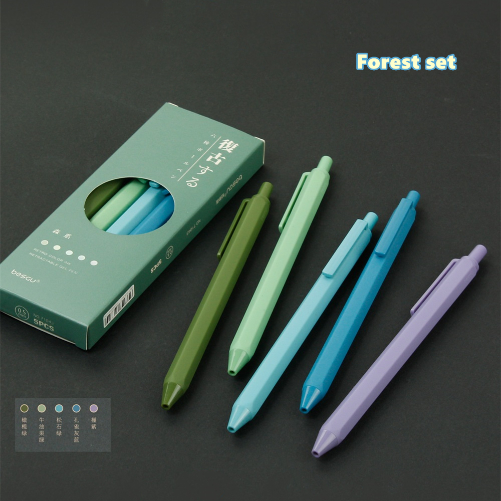 5pcs/box Click Type Hexagonal Ballpoint Pen Retro Color Ink Retractable Gel Pens for Writing Journal Marker Office School Shapewear. 