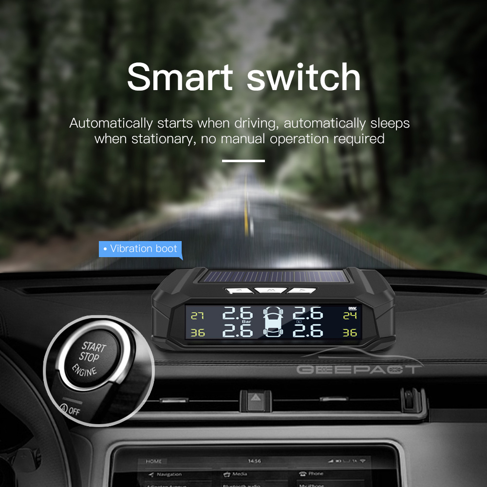 Geepact Car Tire Pressure Monitoring System Smart Car TPMS Tyre Pressure Alarm Monitoring System Solar Power Panel USB Charging TPMS Universal 4 External Sensors LCD Display. 
