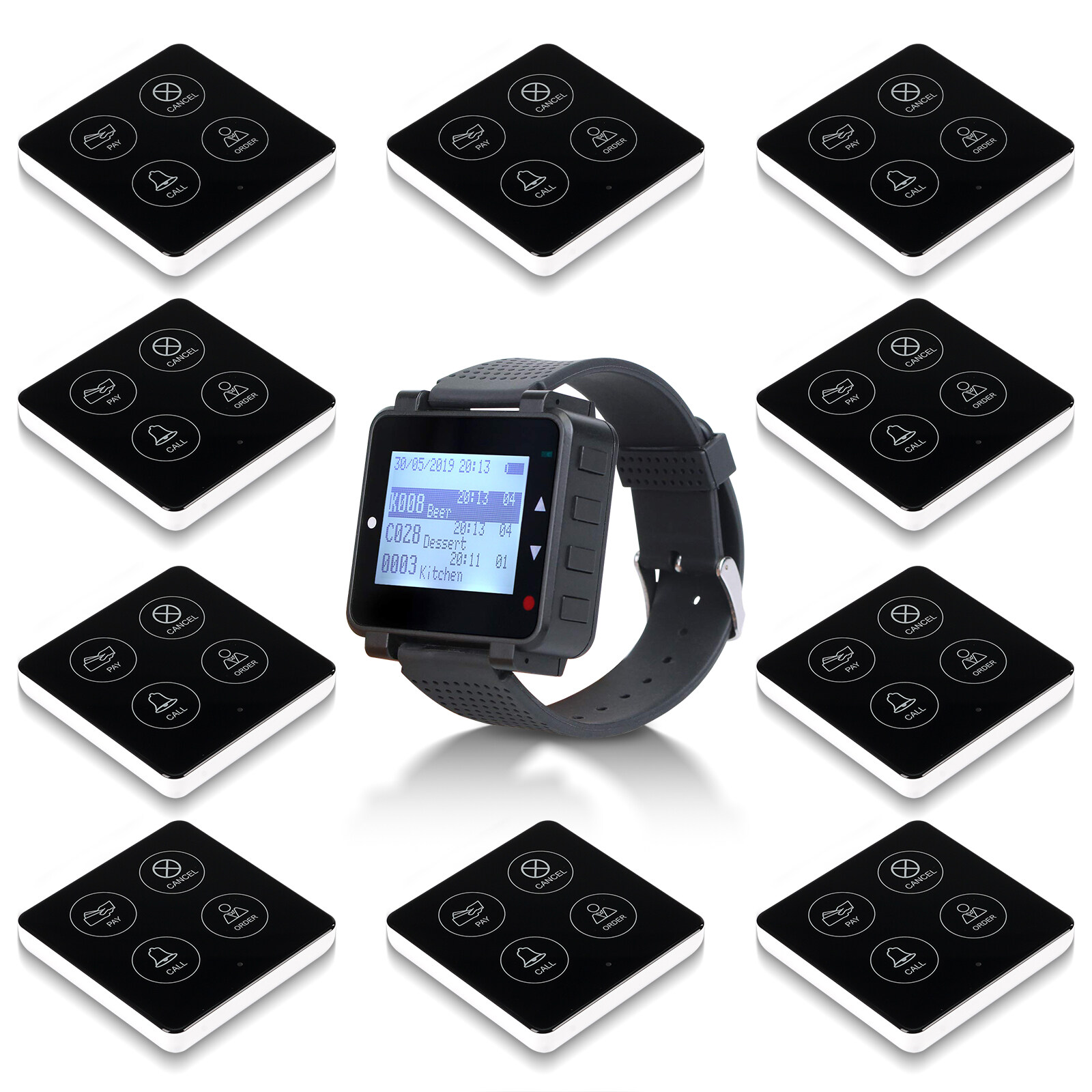 Retekess T128 Restaurant Pager System Waiter Queue Wireless Calling System Rechargeable Watch Pager and TD033 Buttons