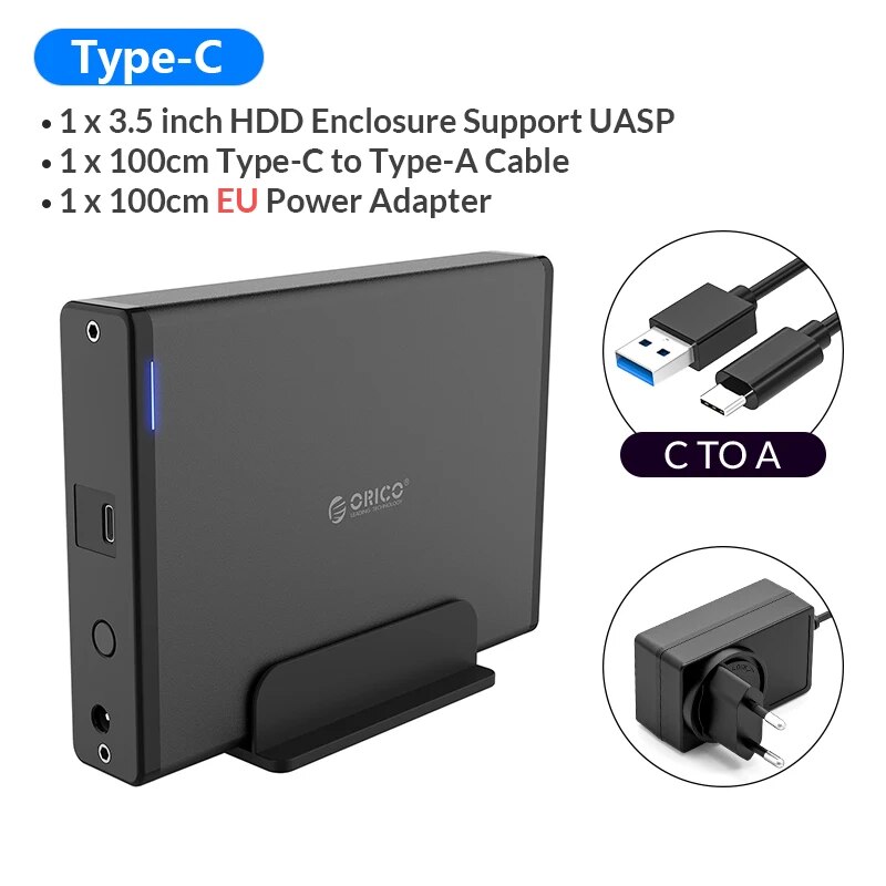 ORICO Aluminum Hard Drive HDD Enclosure USB3.0/Type-C 3.5 inch HDD Case Docking Station Support UASP 12V2A Power. 