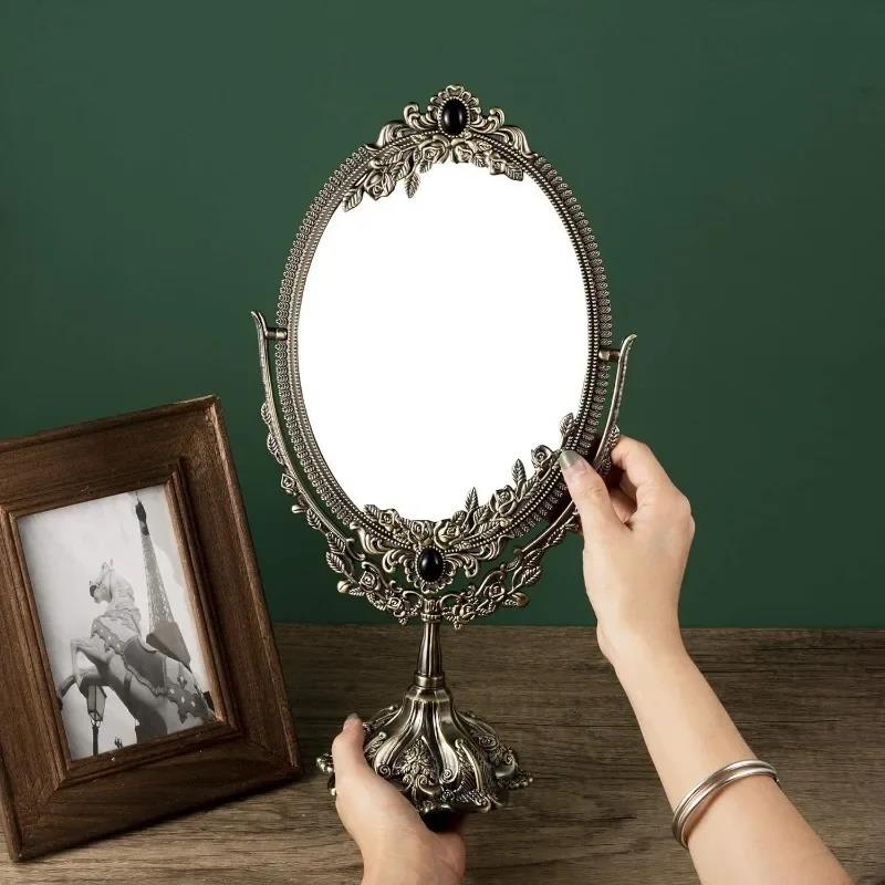 Vintage Makeup Mirror Tabletop Oval Cosmtic Mirror Metal Retro Vanity Mirror for Dressing Bedroom Living-Room Dresser Decoration