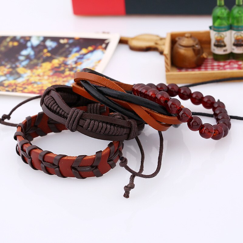 Jessingshow 4pcs/set Gypsy Hippie Punk Style Light Dark Brown Beads Wrap Leather Cord Layers Stackable Bracelets Bangle Man Set. 