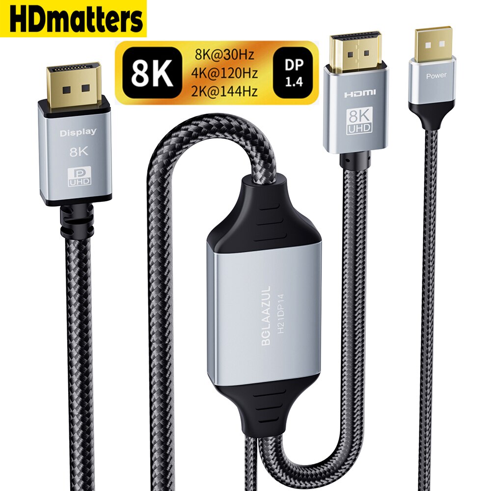 Active 8K HDMI 2.1 to Displayport 1.4 Cable 4K HDMI to Displayport 144Hz converter adapter HDMI 2.1 in to Displayport DP 1.4 out. 