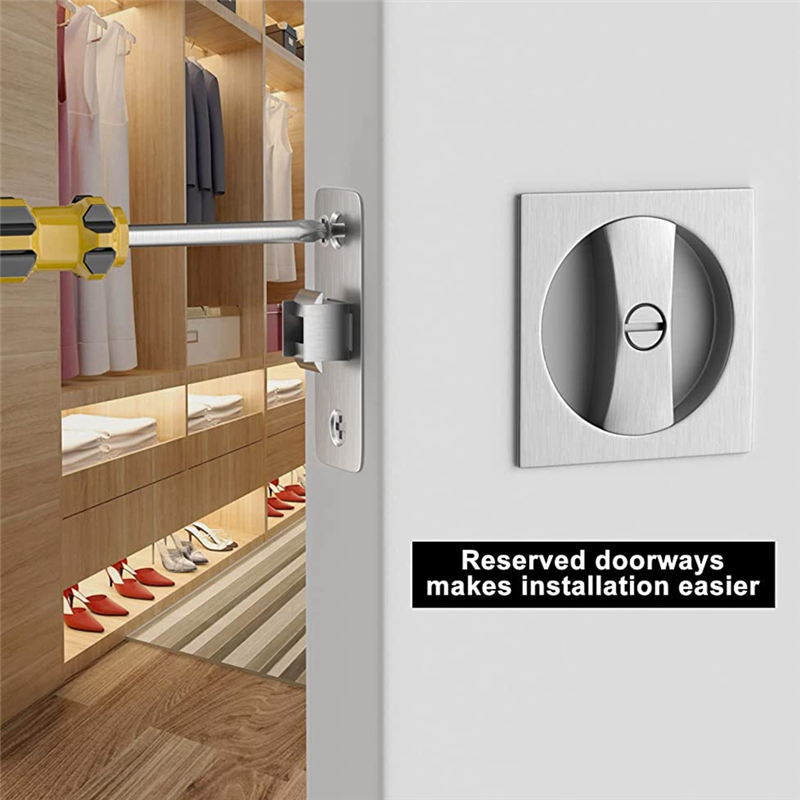Metal Door Lock Satin Nickel Contemporary Privacy Square Pocket Door Hardware, Sliding Pocket Door Latch