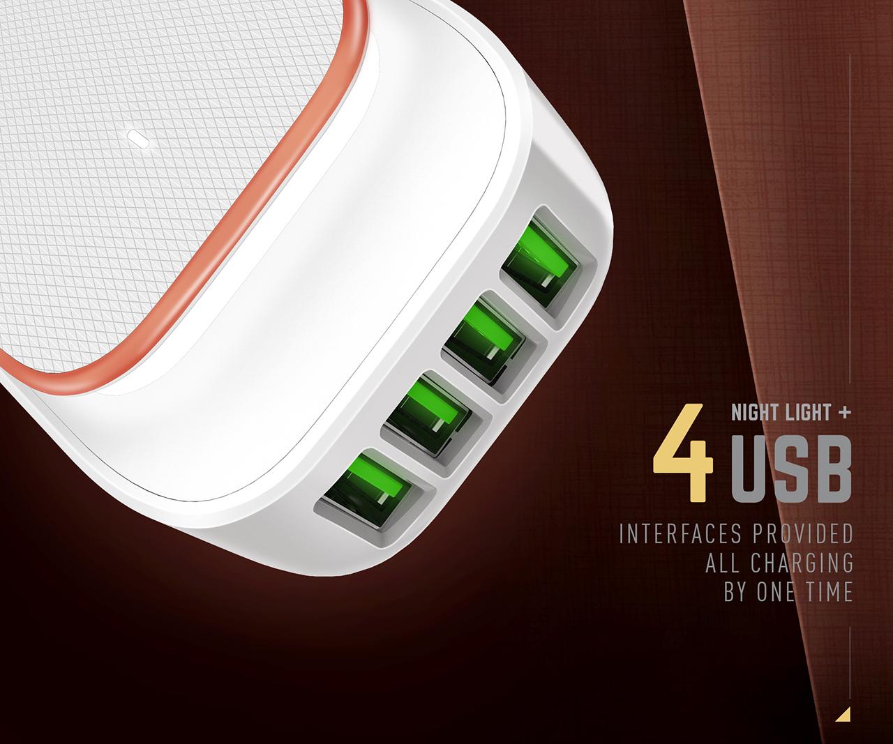 LDNIO A4405 LED Touch Lamp Universal 4 USB Ports 4.4A Auto ID Fast Charger Adapter with USB Data Cable For Smartphone White. 