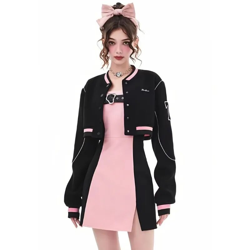 HOUZHOU Vintage Black Windbreaker Jacket Women Sweatshirts