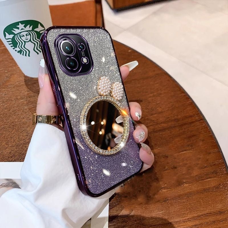 New Phone case Xiaomi Mi 11 Lite 11 Lite 5G NE 11 11T 11T Pro 5G Back Cover with Bow Makeup Mirror Luxury Shiny Gradient Plating Glitter Girls Slim Phone cases Transparent Soft Silicone Protective Pouch