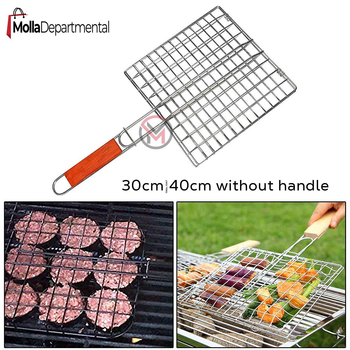 New Portable Barbecue BBQ Grill Net Basket Roast Grilling Tray Chromium Plated with Wooden Handle (Big). 