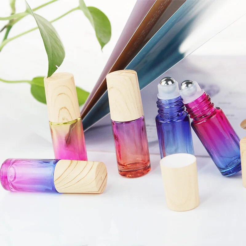 5/10/20/30/50pcs Thick Glass Roll On Bottles 5ml Gradient Color Empty Bottle Roller Ball Bottle For Essential Oil Travel Kit. 