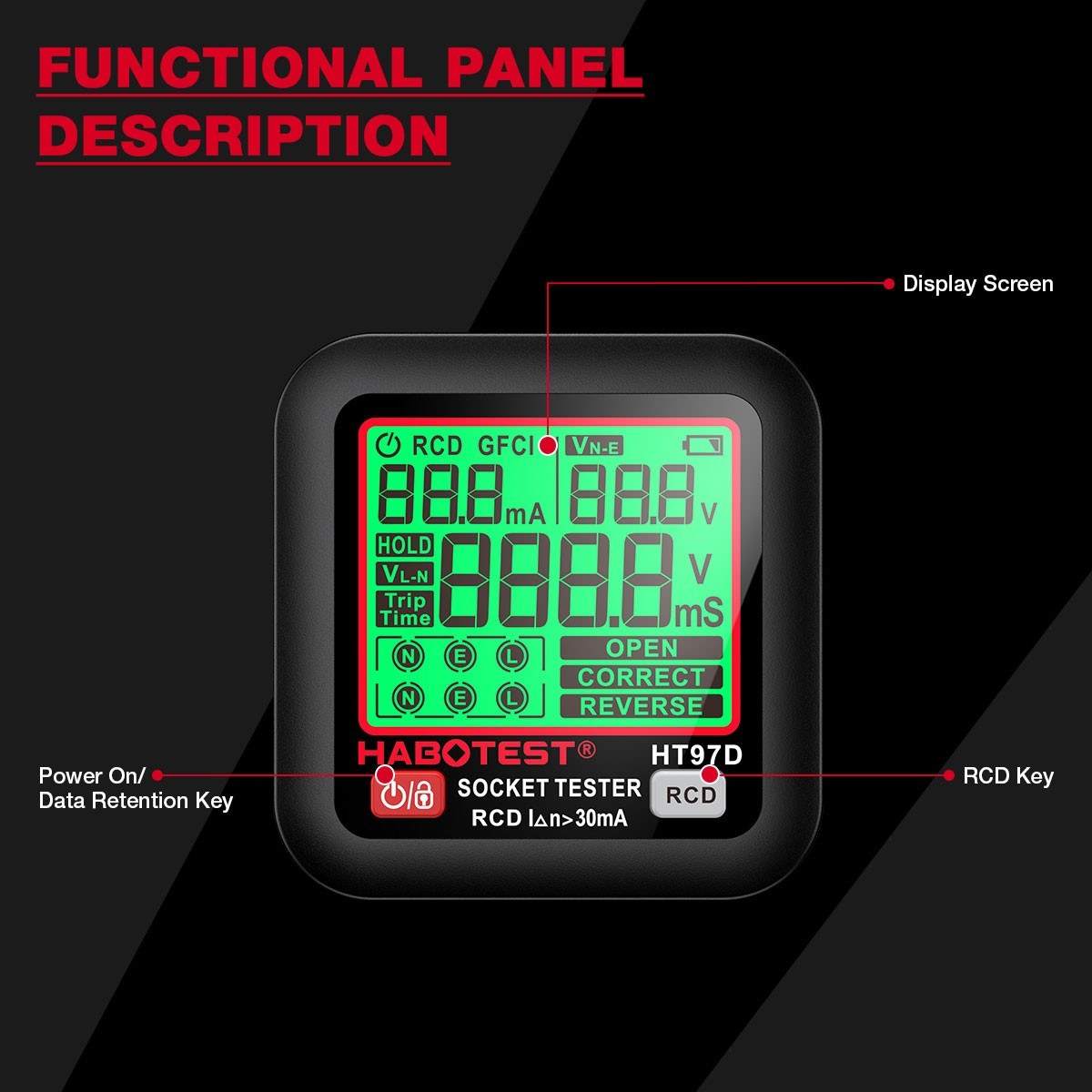 HABOTEST HT97D Digital Socket Tester Voltage Test EU Plug Socket Detector Intelligent Leakage Testing Multifunctional Phase Tester