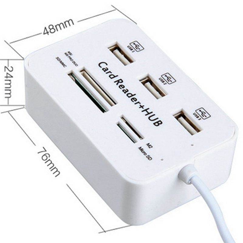 1 PCS 3 Port USB HUB 2.0 Splitter Combo Card Reader 7 in 1 Portable Support TF SD M2 SDHC Card Read Write. 