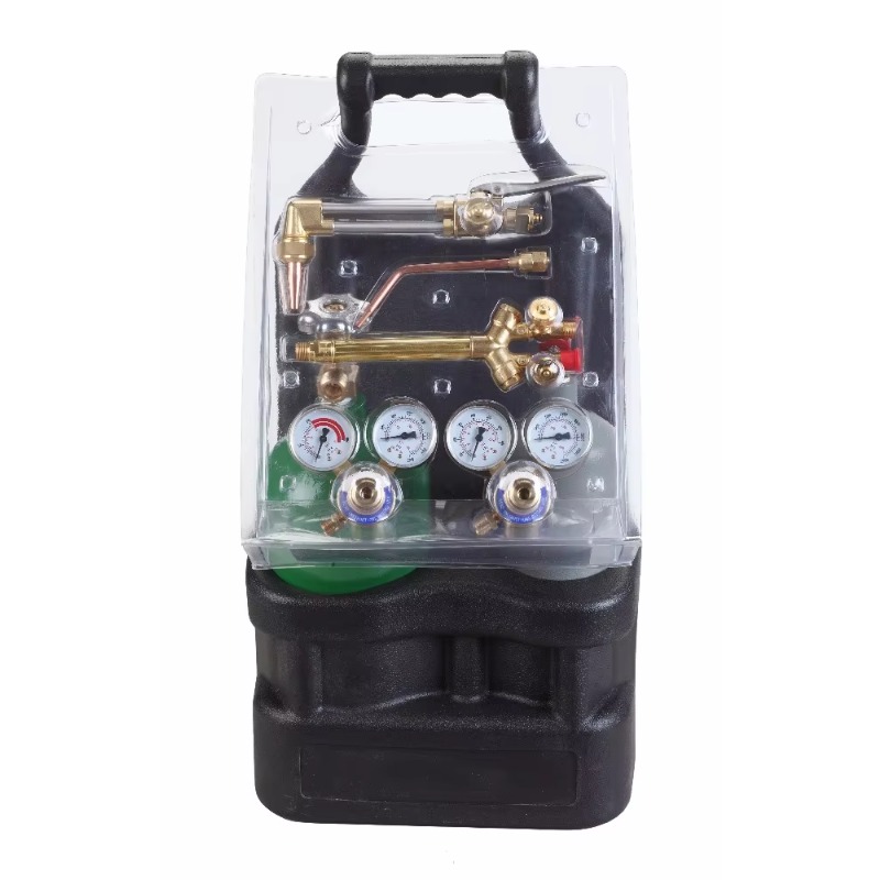 Portable welding cutting torch kit Oxygen Acetylene Tanks Welding Cutting Torch Kit with plastic tote frame. 