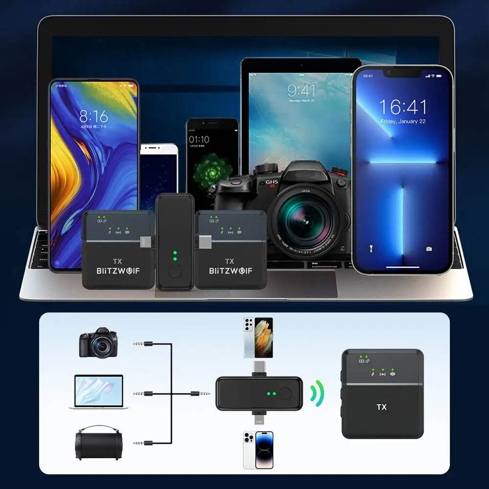 BlitzWolf BW-SX31 3in1 Wireless Lavalier Microphone Type-C 3.5mm Jack Mic DSP Intelligent Nosie Reduction Low Latency Microphone. 