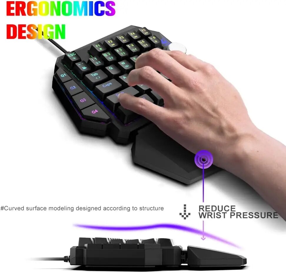 K5 Single-Handed Mechanical Gaming Keyboard RGB Ergonomic Multimedia Knob Detachable Wrist Rest for Laptop Computer Xbox PS4. 