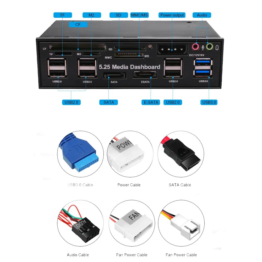 DeepFox Multifuntion 5.25 Media Dashboard Card Reader USB 2.0 USB 3.0 20 Pin e-SATA SATA Front Panel for Optical Drives Bay. 