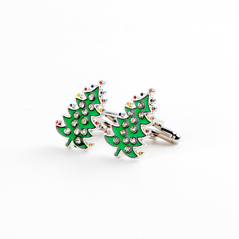 【happy one】Christmas Tree Cuff Links Decorative Tree Cufflinks French Shirt Bling Crystal Green Enamel Cuff Basic Cuflinks Mens Gifts