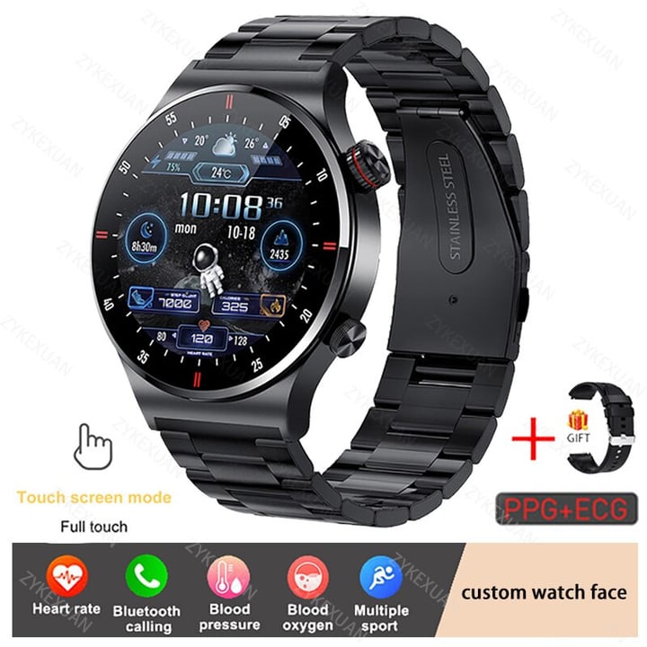 LIGE BW0382 ECG+BP+NFC MADE IN JAPAN Bluetooth call  Smart watch Men Heart rate Blood pressure Full touch sports Fitness Watches Bluetooth Call for Android iOS smart watch with Steel and Silicon belt. 