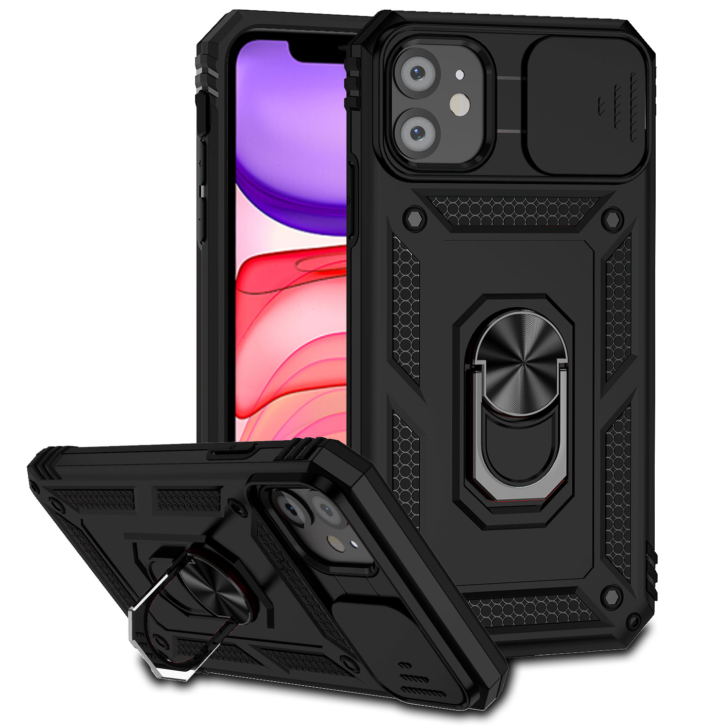 For iPhone 12 Mini Case with Slide Camera Cover, 360° Ring Holder Metal Kickstand, work for Phone Holder Car Mount, Drop Peep Protection. 