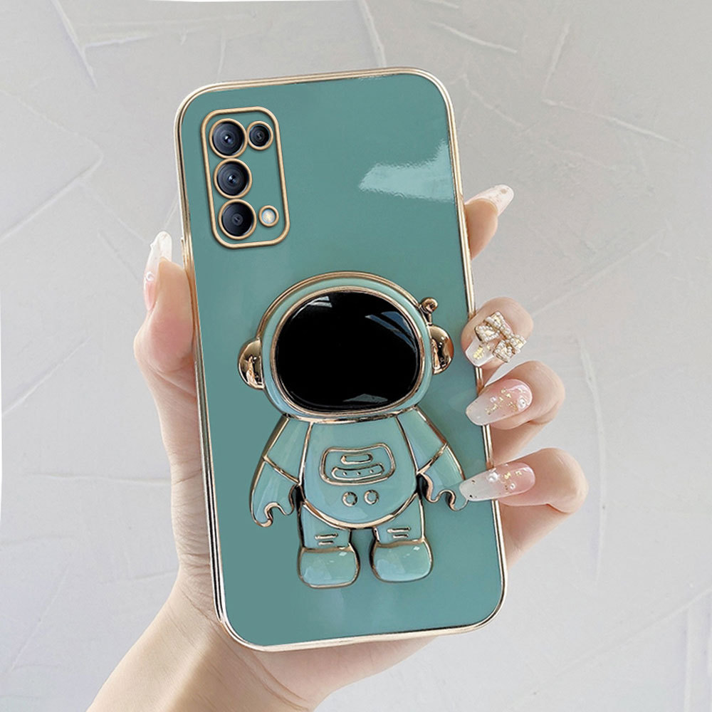 Jizetin for OPPO Reno5 5G Reno5 4G Back Cover With Astronaut Folding Holder Luxury 6D Plating Case Soft Silicone Bracket Phone Cases