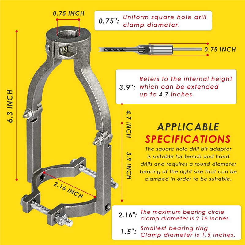 Square Hole Drill Bit Adapter Steel for Drill Press, Mortise Machine, Power Tools Accessory for Drill Machines. 