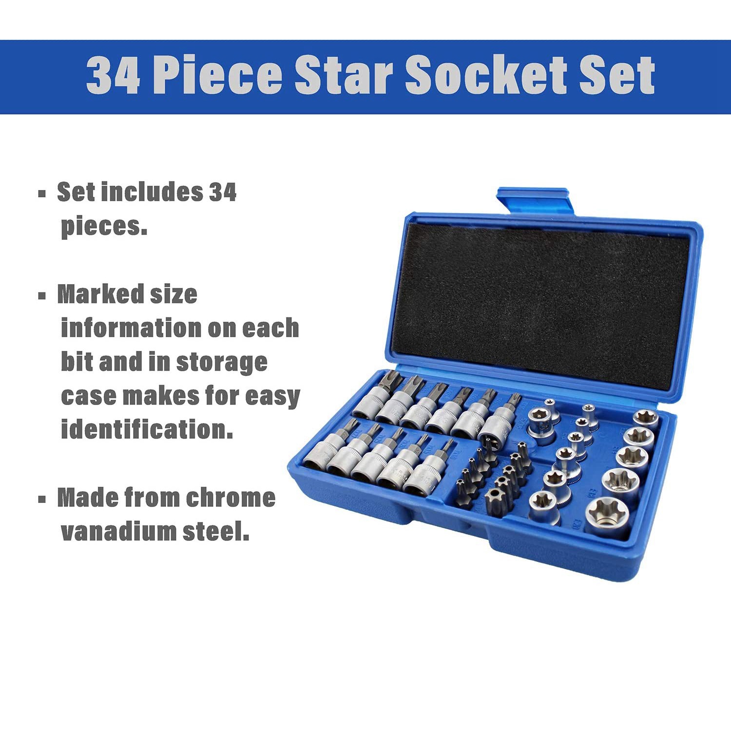 34Pcs Torx Socket Set Triple Square Socket Set Torx Bit Socket Set Star Bit Set Male Female Set. 