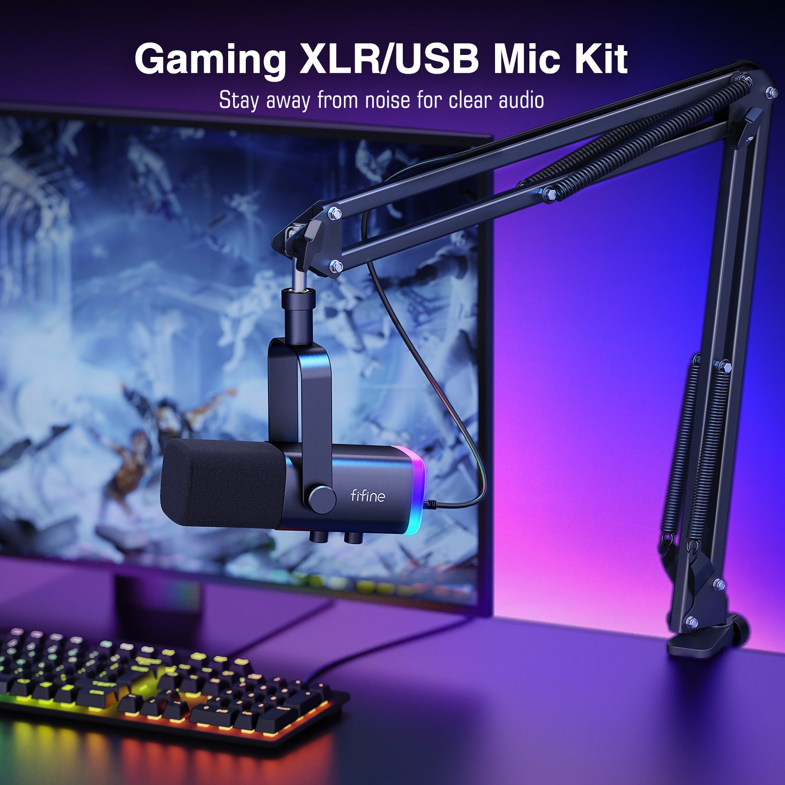FIFINE XLR/USB Gaming Microphone Kit with Headphone Jack/Mute/RGB /Arm Stand,Dynamic Mic Set for PC PS5/4 Mixer AmpliGame AM8T. 