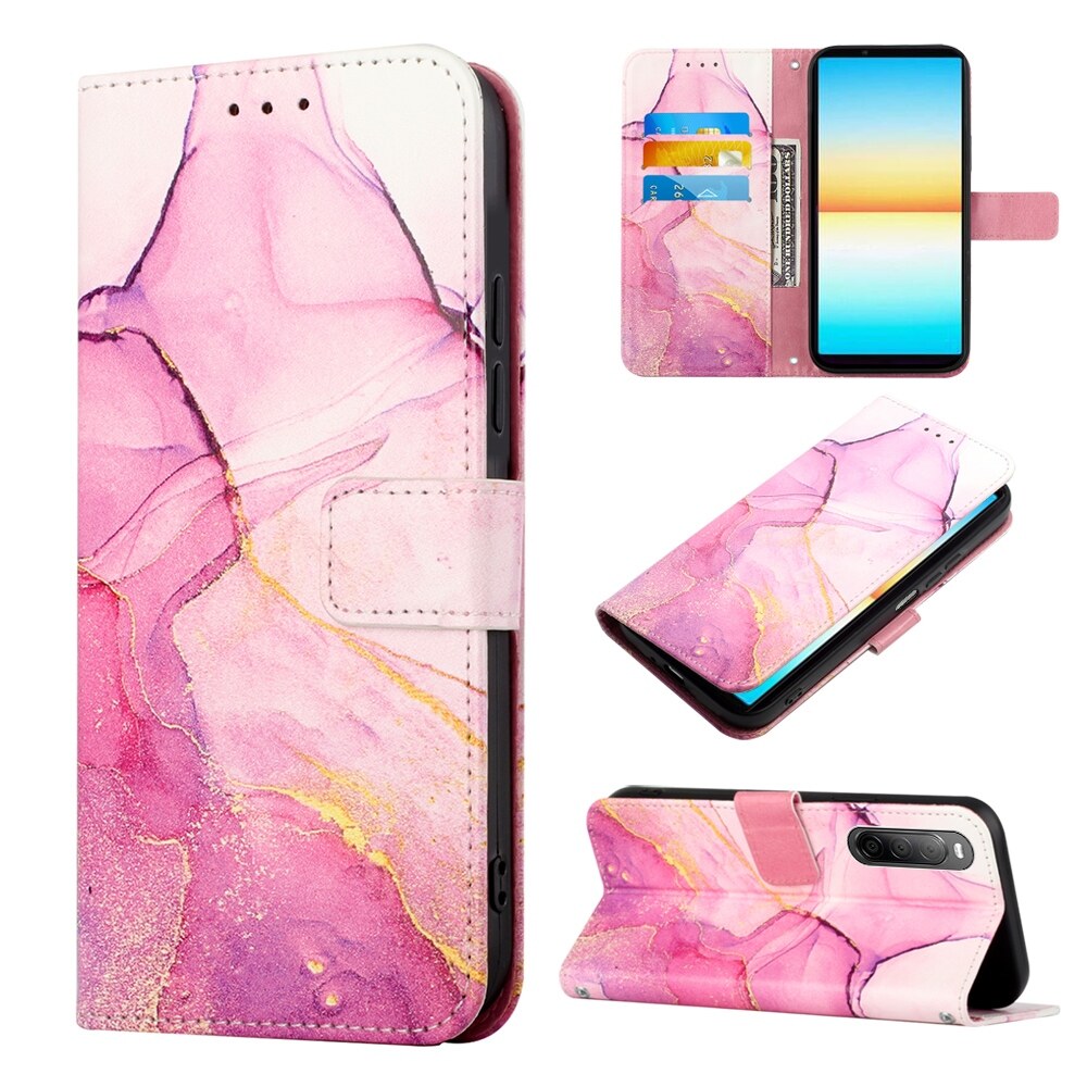 lthmy for Sony Xperia 10IV case Marble Pattern PU Leather Wallet Card Slots Flip Stand Cover with Hand Strap