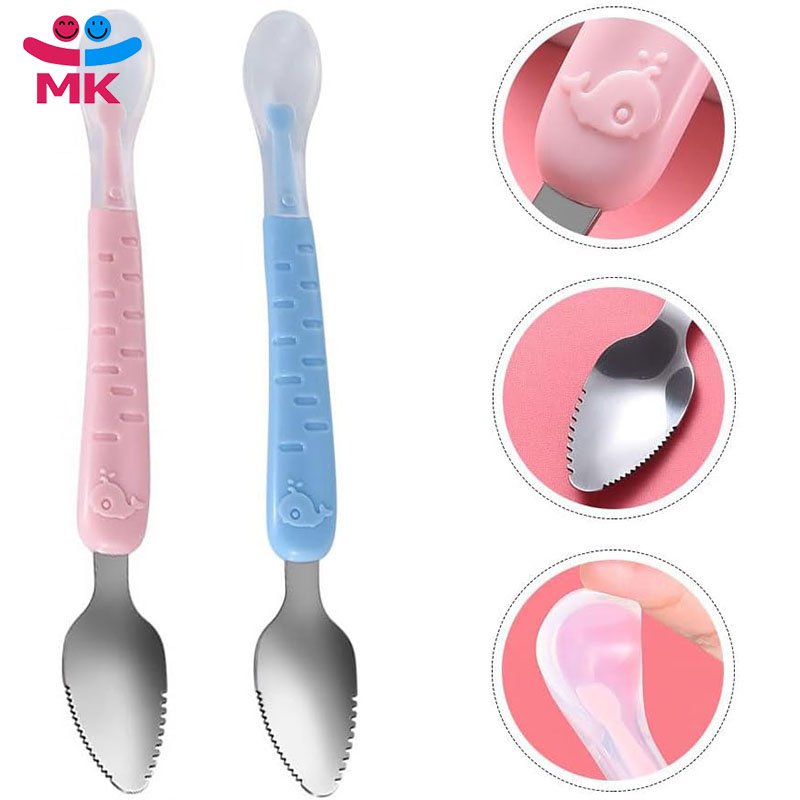 2 In 1 Children's Baby Feeding Spoon Baby Scraper Apple Puree Spoon Set Complementary Food Scraper Double-headed Stainless Steel Fruit Puree Tool