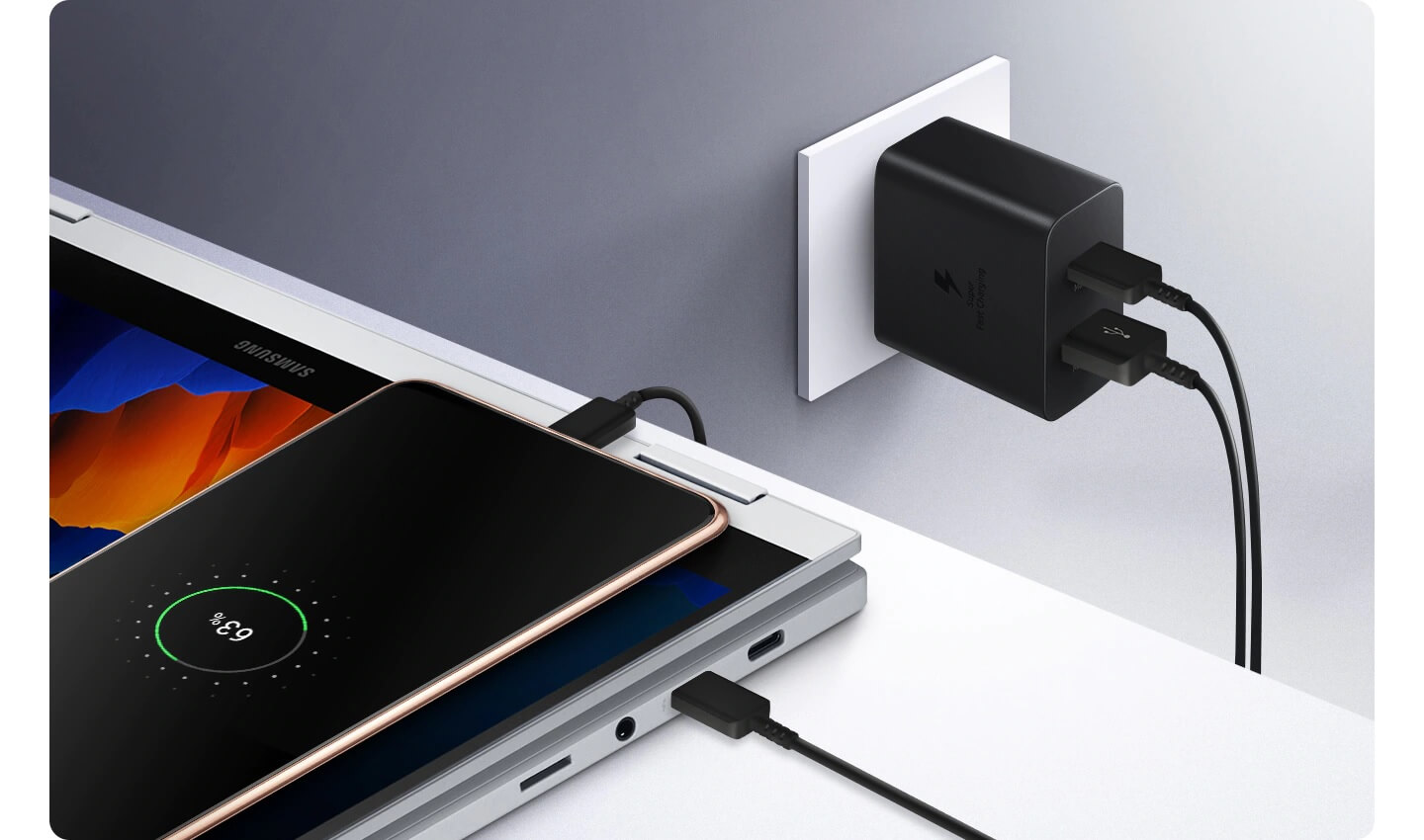 Official Samsung 45W PD Fast Charging Adapter Type-C to Type-C Adapter and Cable 2 pin. 