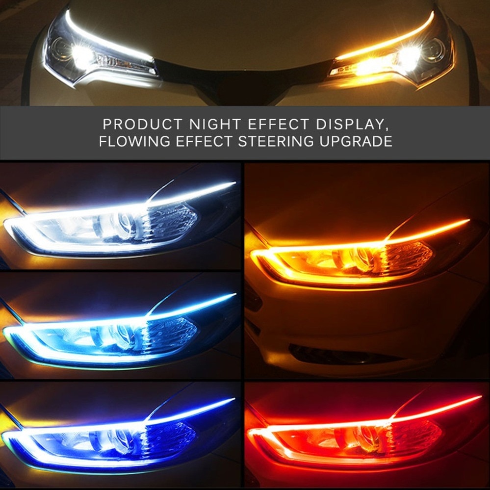 2pcs 12V LED DRL Car Daytime Running Light Flexible Waterproof Flow DRL LED Strip Auto Headlights White Turn Signal Lamp Yellow. 