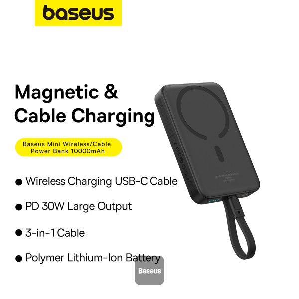 Baseus 10000mAh Magnetic Mini Wireless Fast Charge Power Bank 30W With Built-In Type-C Cable. 