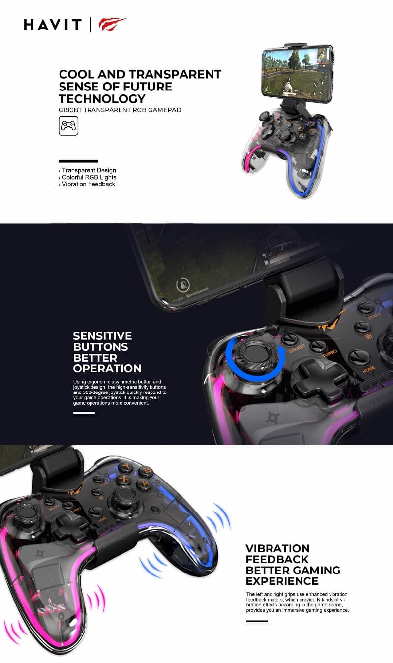 Havit G180BT RGB Wireless Vibration Transparent Game Pad. 