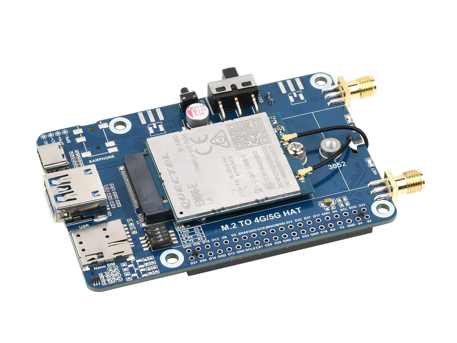 Waveshare EM06-E LTE Cat-6 HAT for Raspberry Pi, Dual Antennas LTE-A, Multi Regions Multi Band,. 