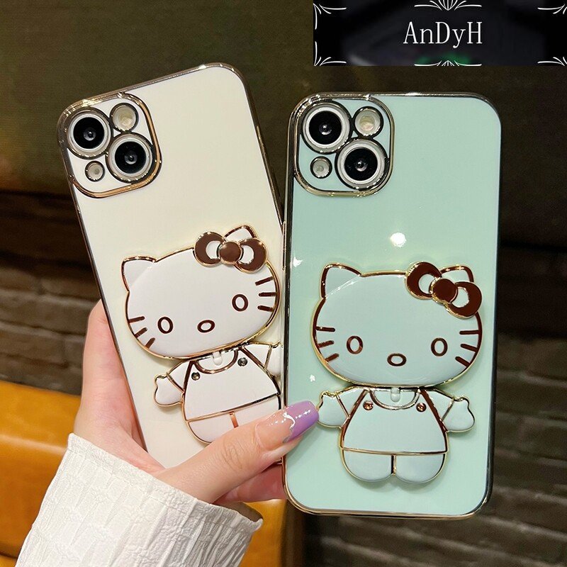 AnDyH Casing For Samsung galaxy A51 4G A51 5G A51 5G UW M40s Case Cartoon Fashion Hello Kitty Plating Reversible Mirror Folding Stand Phone Case Shockproof Phone Casing Full Lens Cover Camera protective Softcase. 