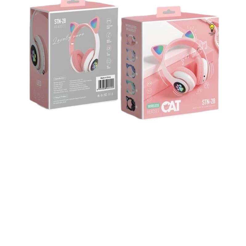 New S-28 Cat Ear Headworn Bluetooth Earphones with Sparkling Light 5.0 Wireless Sports and Leisure Card Folding. 