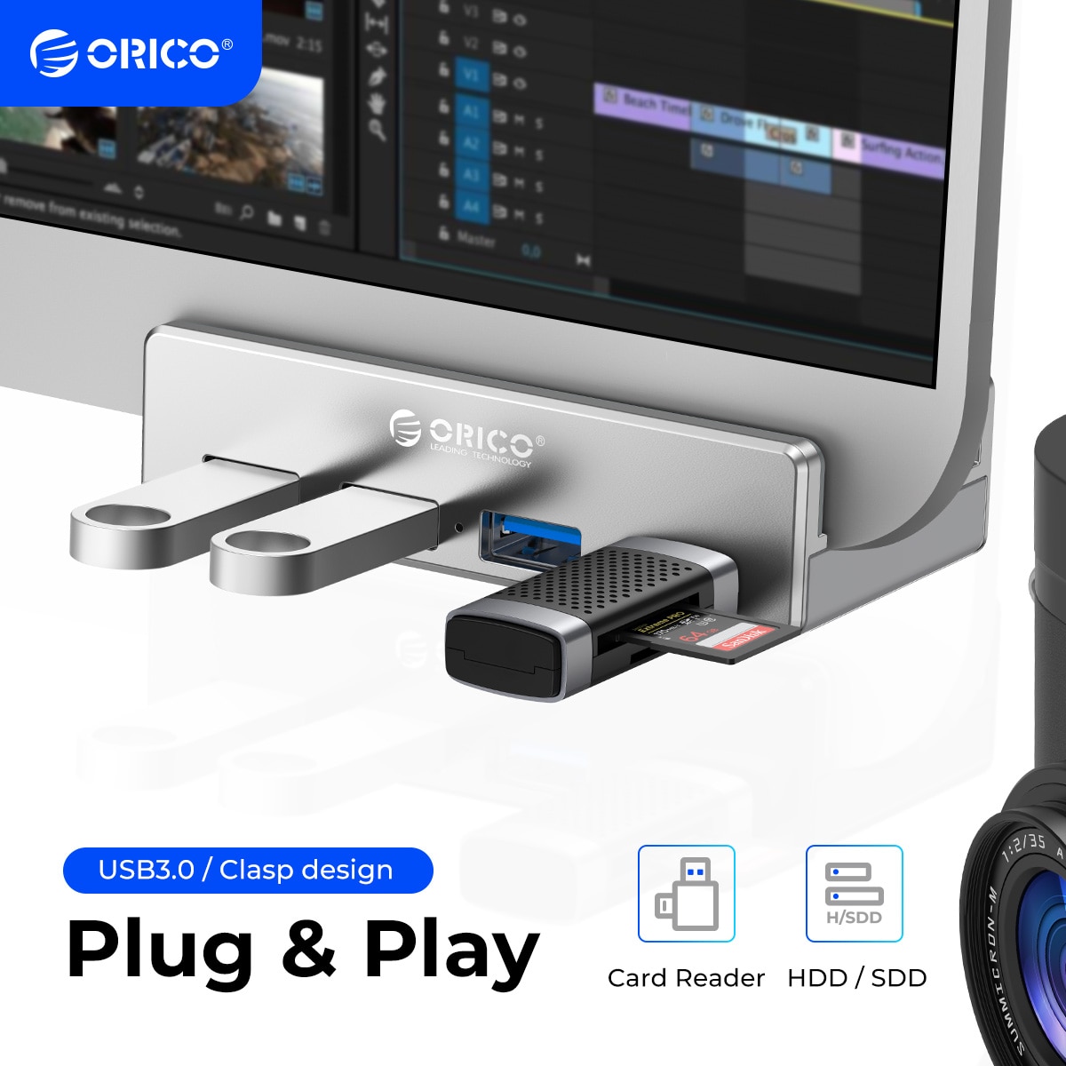 ORICO Clip-type USB 3.0 HUB Aluminum External Multi 4 Ports USB Splitter Adapter for Desktop Laptop Computer Accessories(MH4PU). 